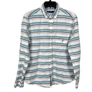Nautica Linen Blend Button Down Shirt Mens Medium White Blue Tan Striped Preppy